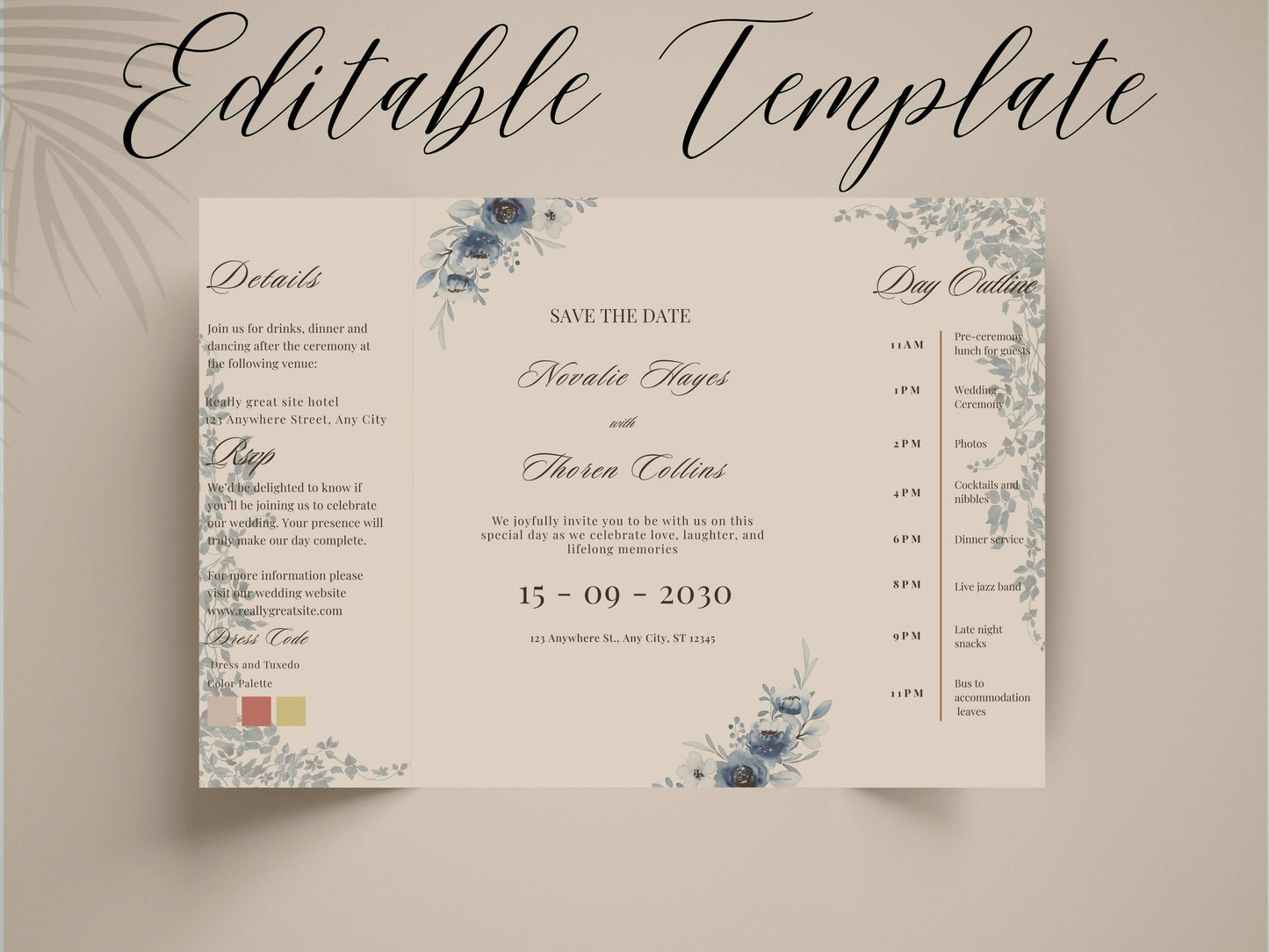 Blue Floral Wedding Itinerary Template, Save The Date Schedule Card, Elegant Navy Wedding Day Timeline, Printable Itinerary Invitation.WI175
