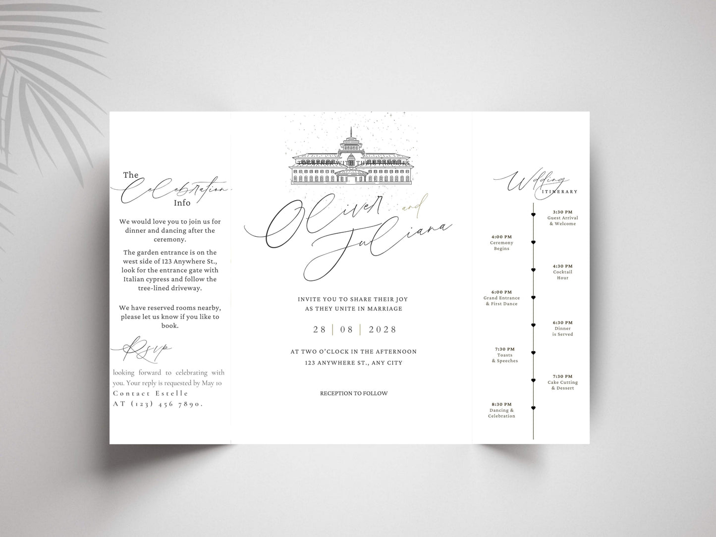Elegant Gatefold Wedding Invitation | Modern Black & White Folded Invite | Printable Wedding Suite | RSVP and Itinerary Template. WI135