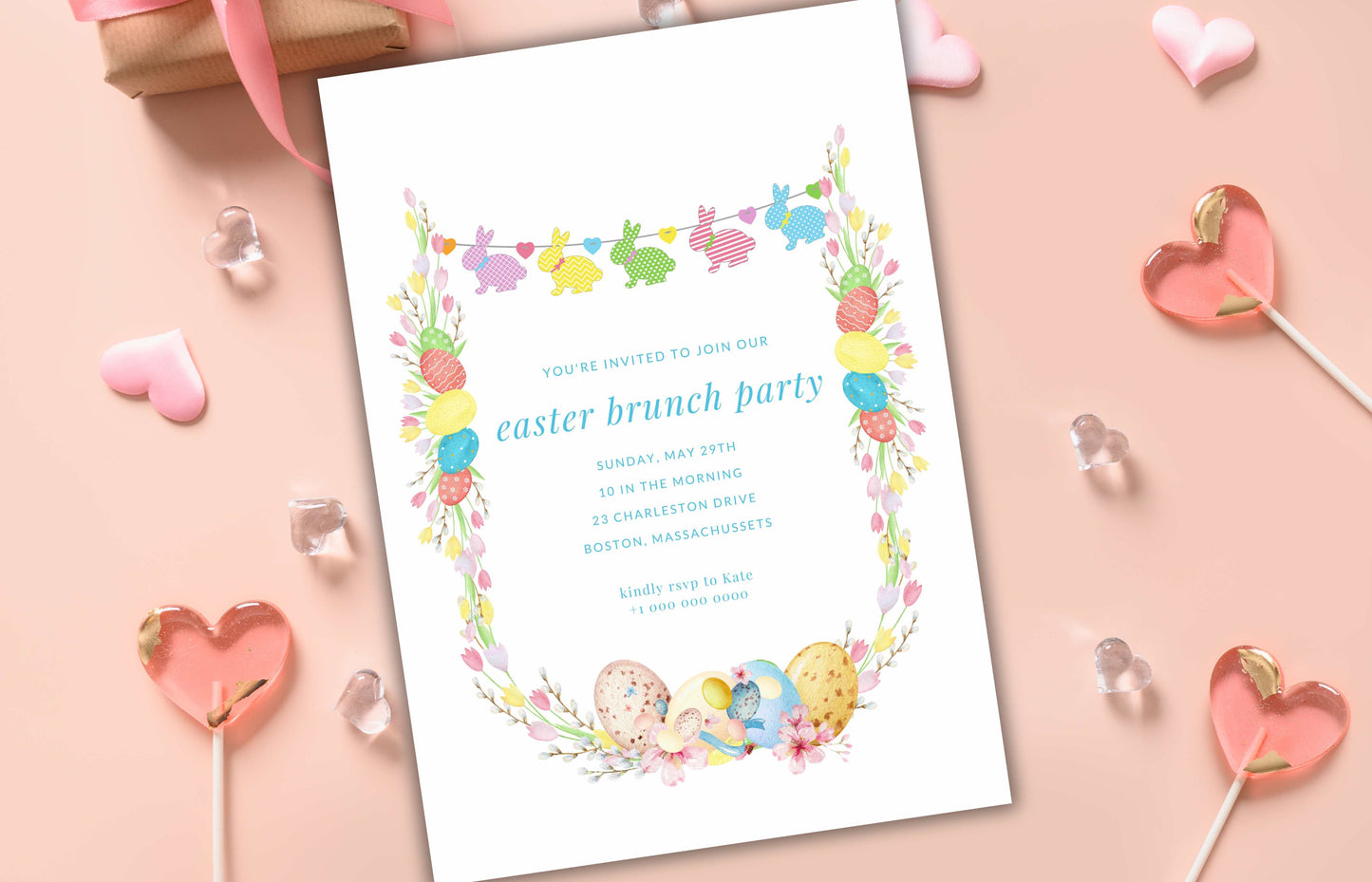 Editable Easter Brunch Invitation, Easter Egg Hunt Invite, Easter Party Brunch Invitation, Floral Easter Invite, Bunny Invitation. ESB42