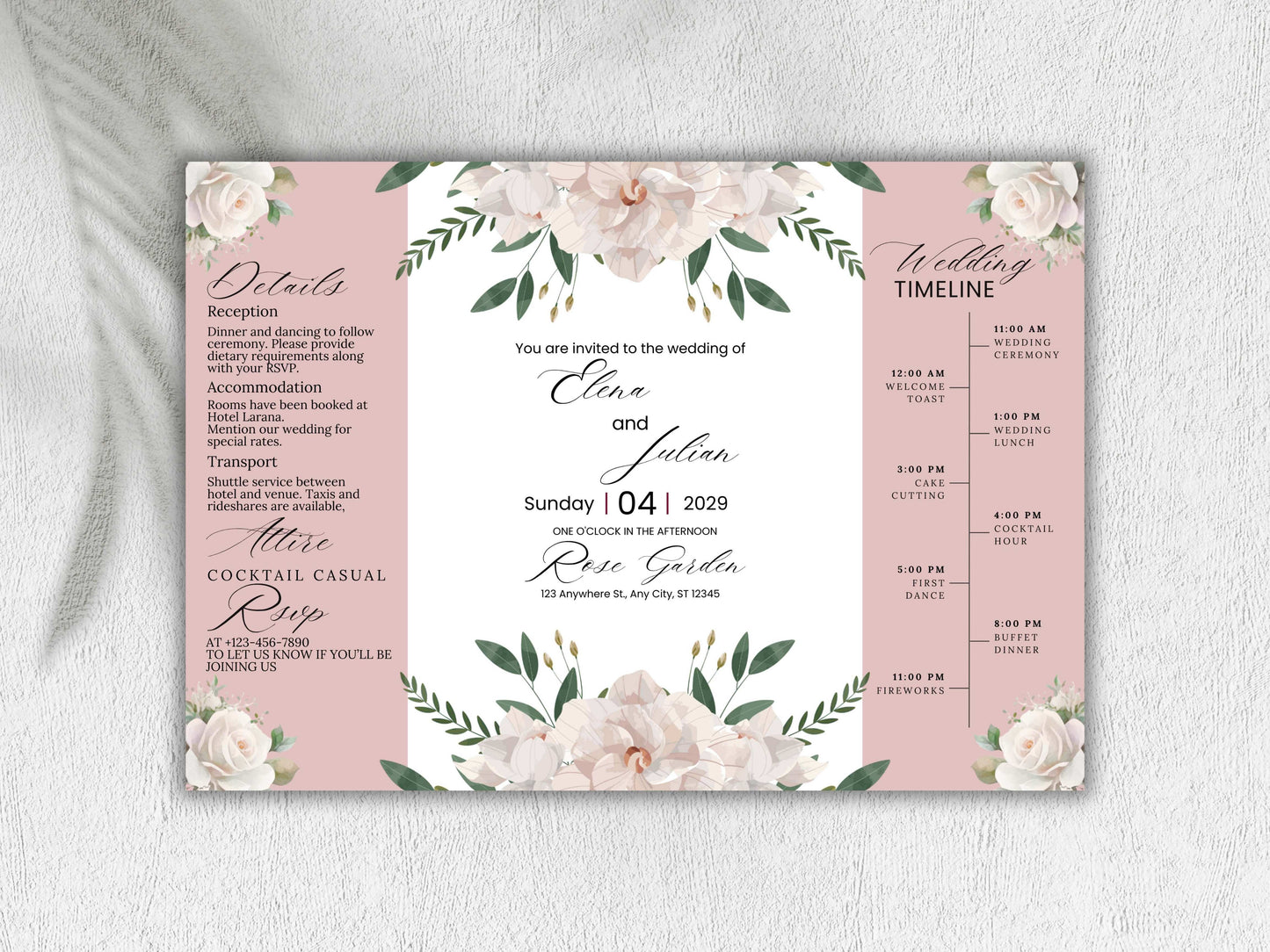 Gatefold Floral Wedding Invitation with Timeline – Rose Garden Theme | Gatefold Editable Invite | Editable Template. WIB120