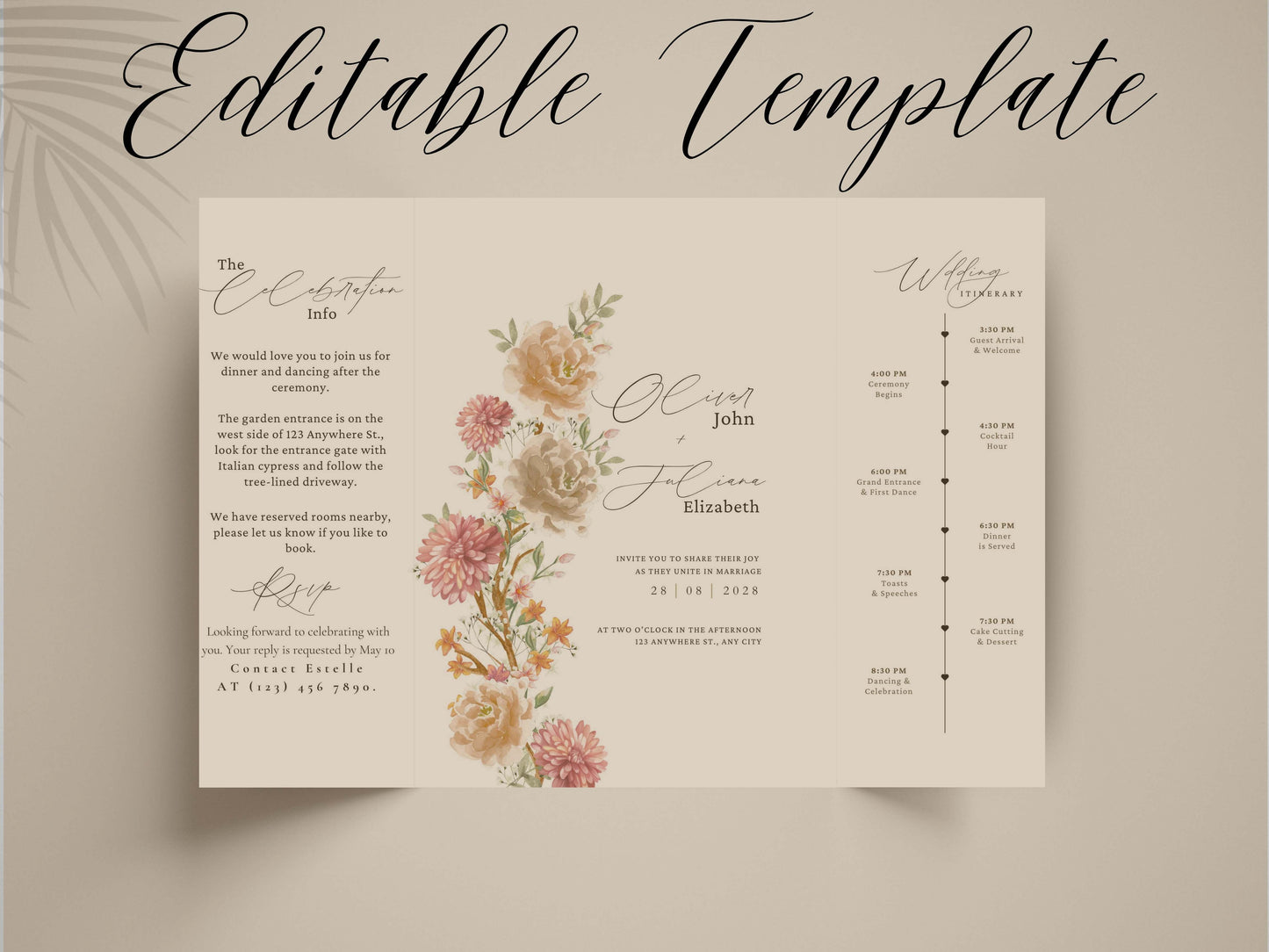 Gatefold Wedding Invitation Template with Itinerary | Floral Boho Wedding Invite | RSVP & Timeline Card | Printable Digital Download. WI165