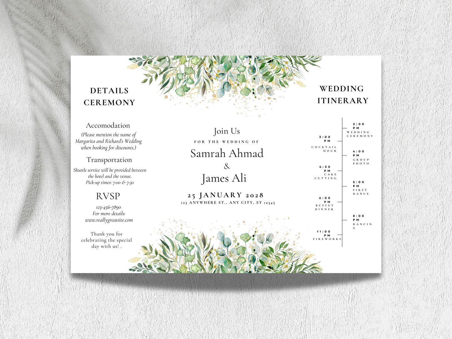 Greenery Gatefold Wedding Invitation | Printable Floral Invite | Gatefold Invite | Editable Template | Modern Wedding Itinerary | WIB128