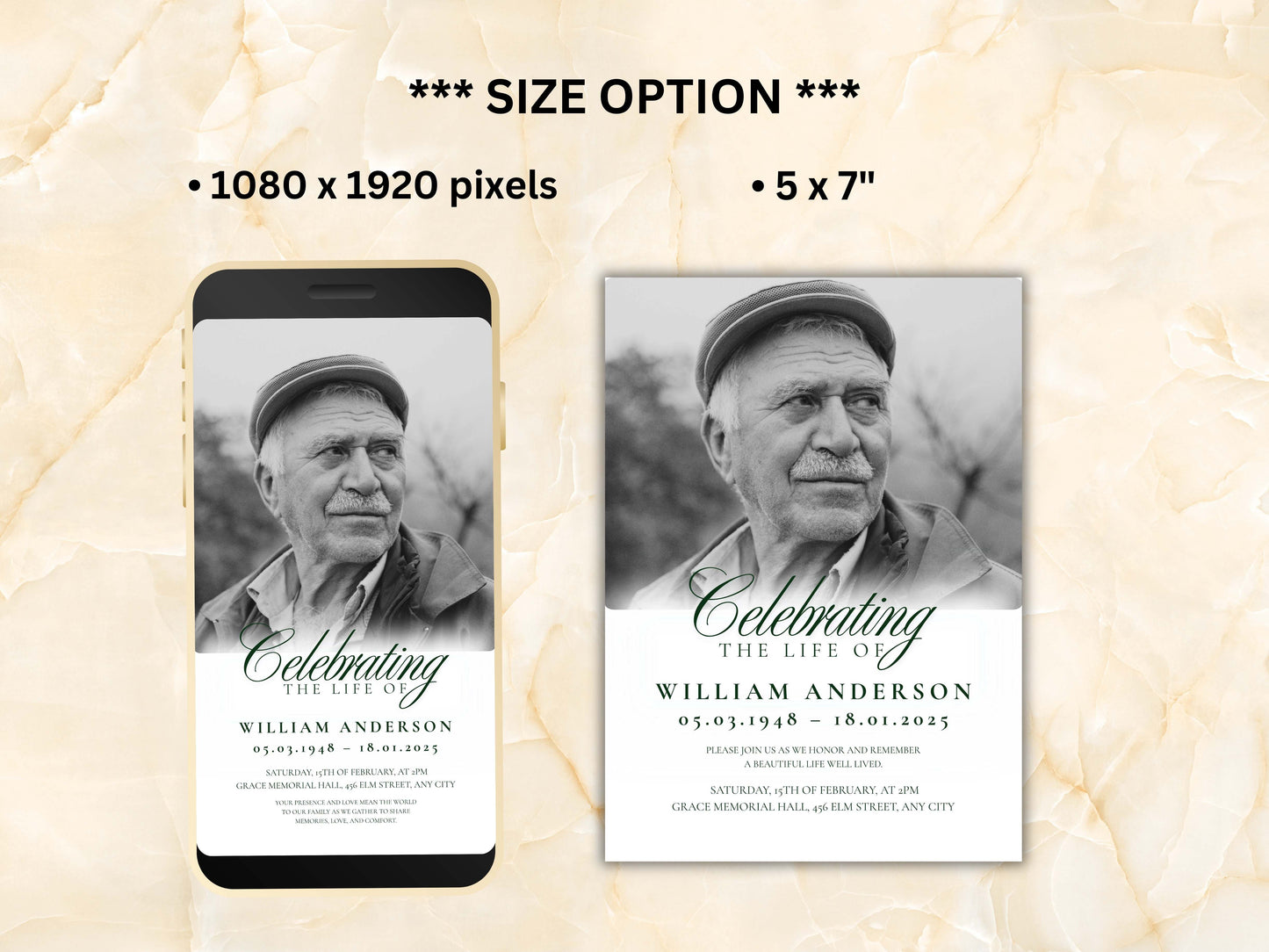 Funeral Invitation Template | Celebration of Life Memorial Card | 5x7 & Mobile Digital Download | Editable Obituary Invite | WEI91
