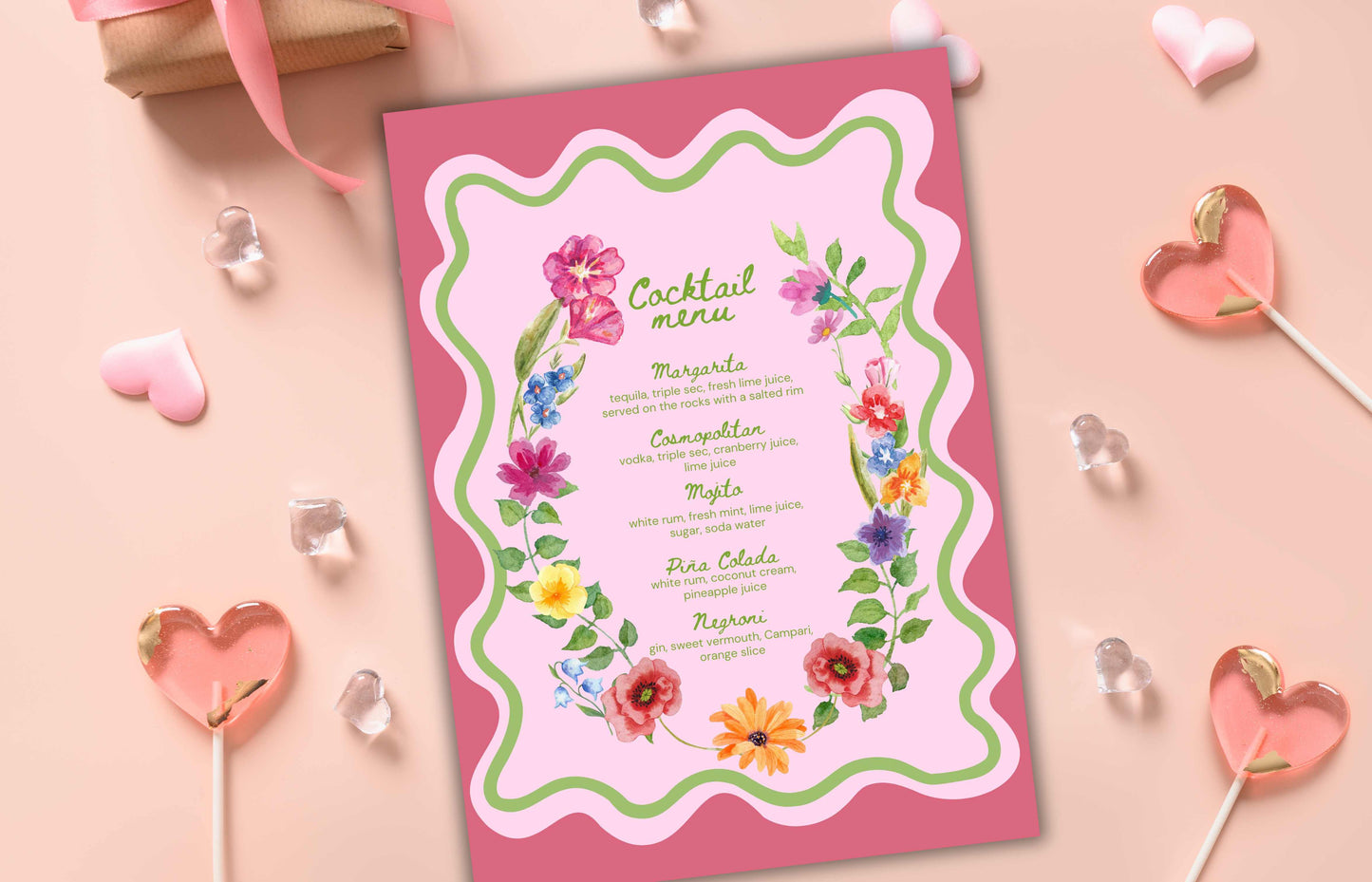 Colorful Floral Cocktail Menu Template, Printable Drinks Sign, Bar Menu Garden Party, Drink Menu, Biotical Wavy Cocktail Menu. WSB39