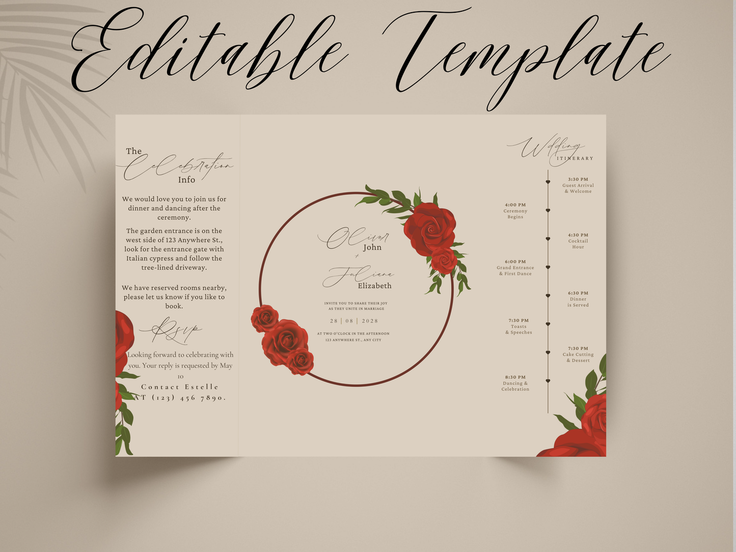 Red Rose Wedding Invitation Template Gatefold Style | Floral Wedding Invite | Romantic Printable Invitation Set | Modern Wedding Card. WI180