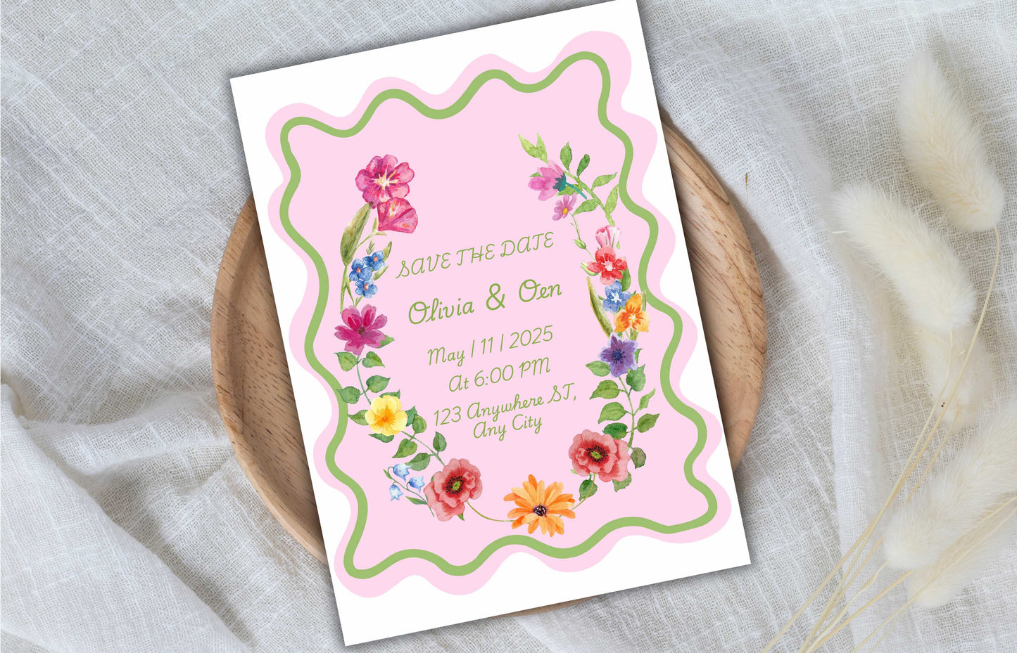 Pink Floral Wedding Invitation Template, Summer Wedding Invitation Suite, Botanical Invitation, Instant Download. WSB62