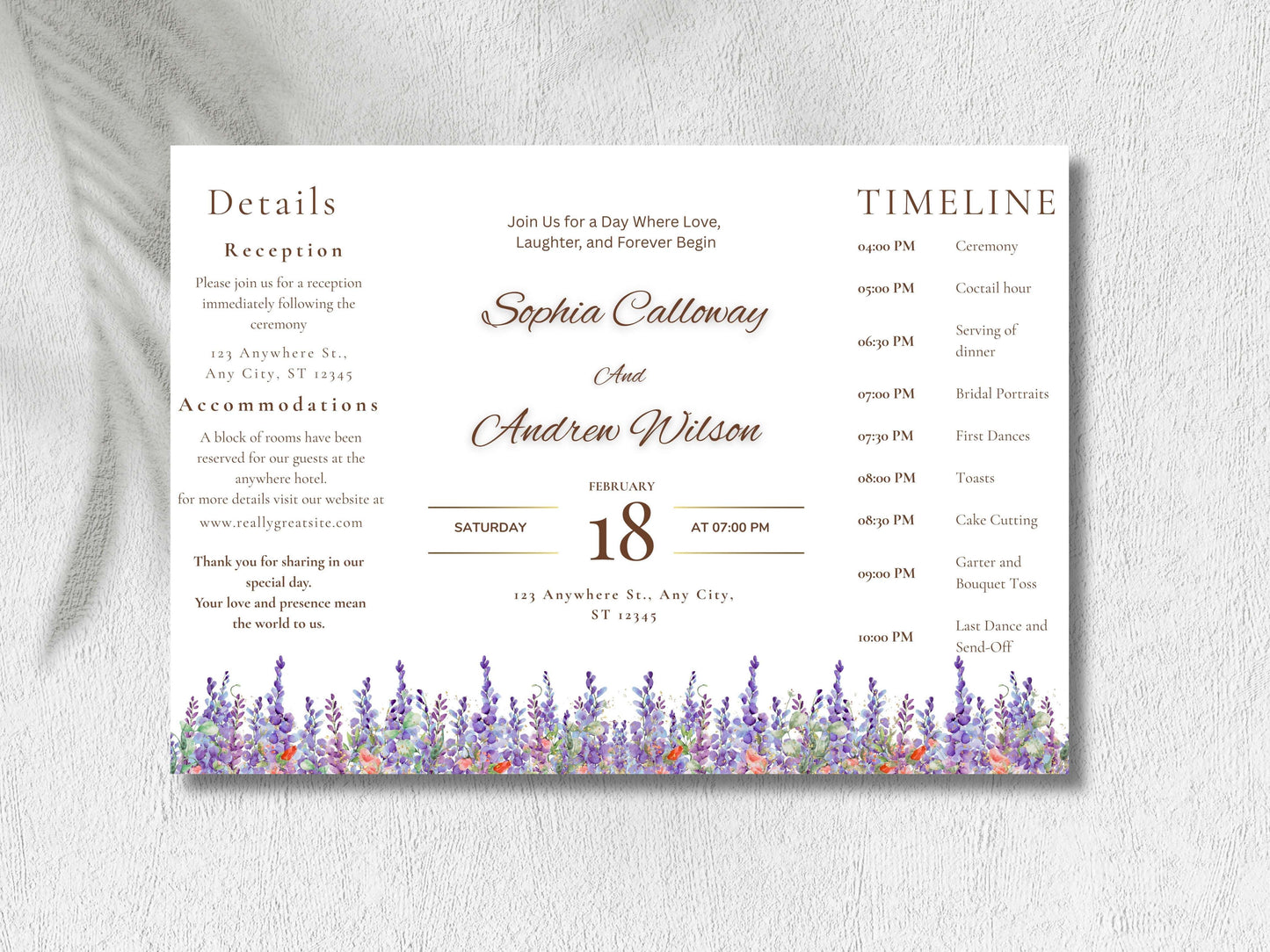 Elegant Floral Wedding Invitation with Timeline & Details | Purple Lavender Watercolor Template | Printable Reception Card. WIB130