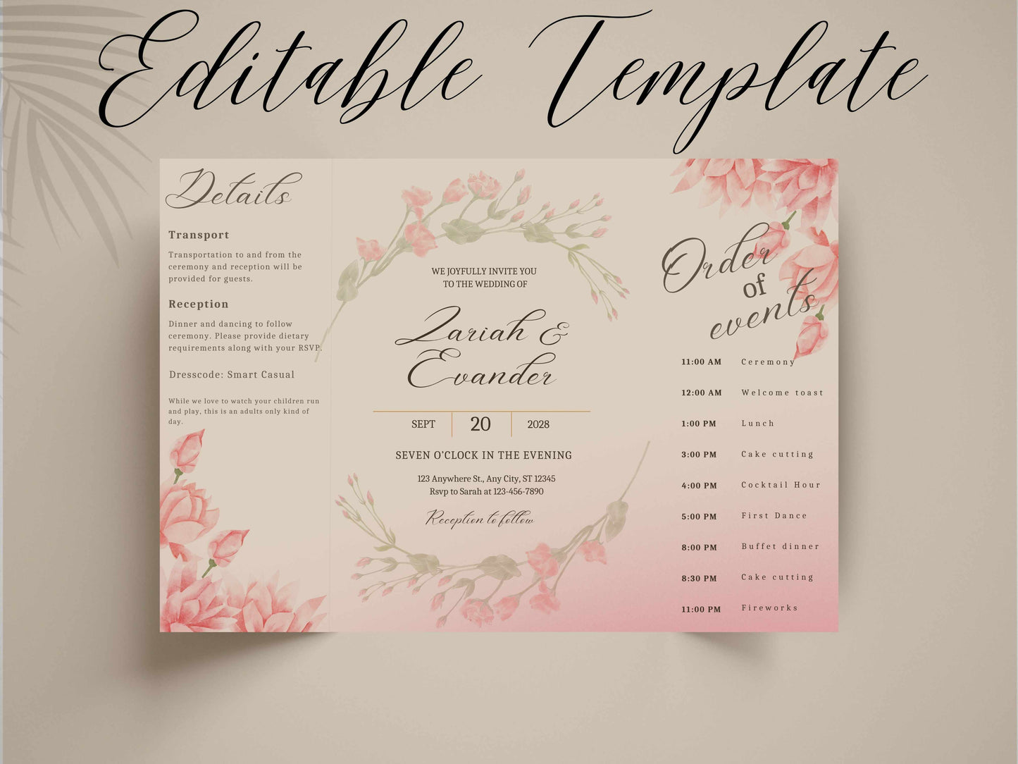Pink Floral Wedding Invitation Template, Editable Order of Events Card, Modern Wedding Itinerary, Printable Wedding Invite Suite. 171