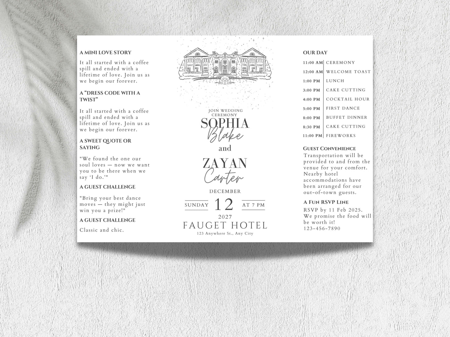 Minimalist Wedding Invitation Fold Card | Elegant Modern Wedding Timeline & Details | Printable or Printed Invite. WIB129