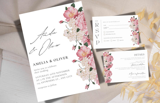 Pink Rose Wedding Invitation, Floral wedding invitation template suite, Editable Rsvp, Digital invitation template, Wedding Invites. WE118