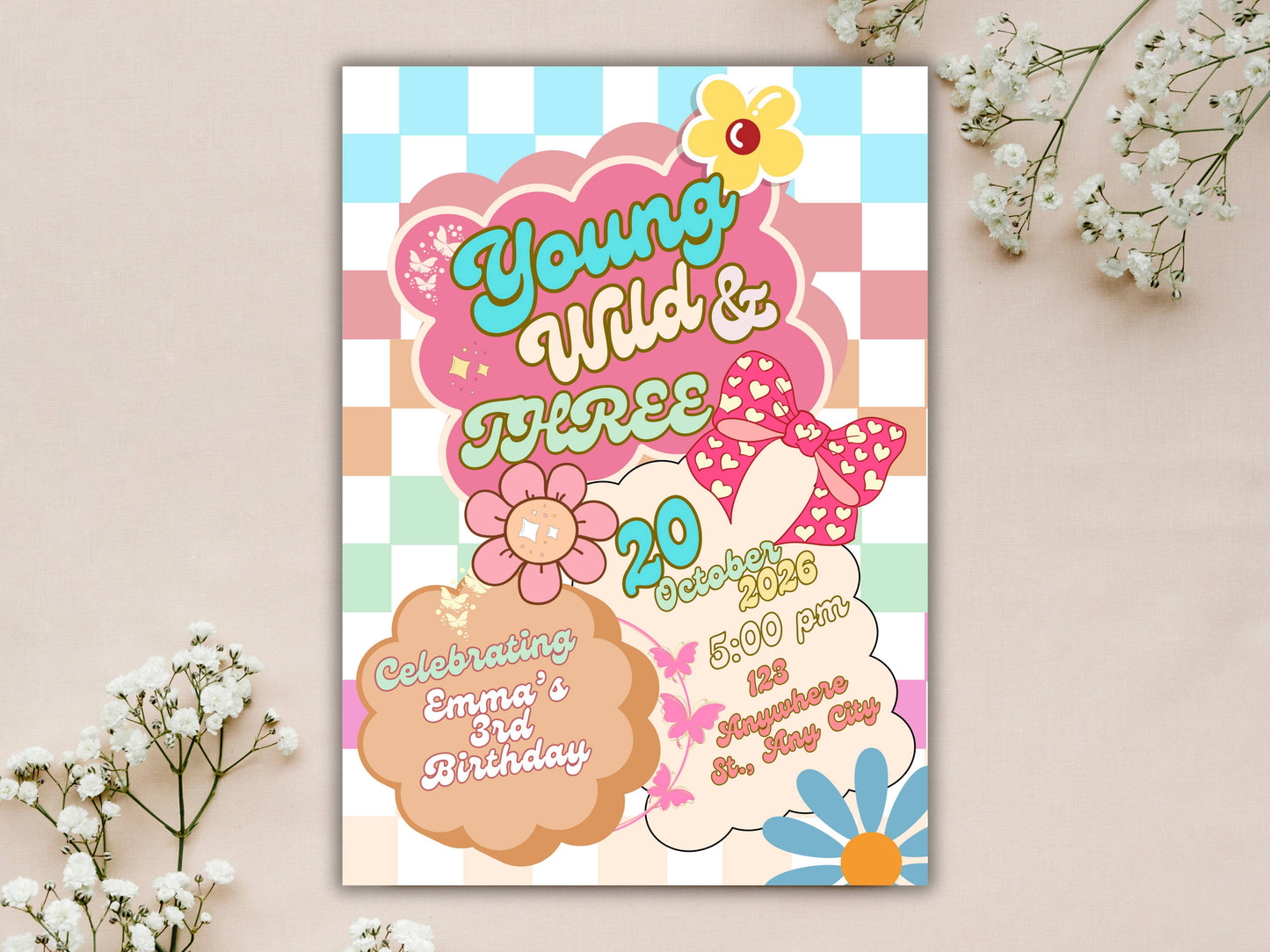 Editable Young wild and three Groovy Birthday Invitation EDITABLE Girl Daisy Rainbow Groovy 3rd Invite Hippie Party Template Instant. WEIB86