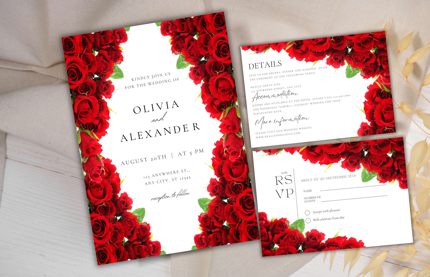 Red Rose Wedding Invitation set, Red Rose floral wedding invitation, Red Roses wedding invitation set, Editable Rsvp, Detail Card. WI120