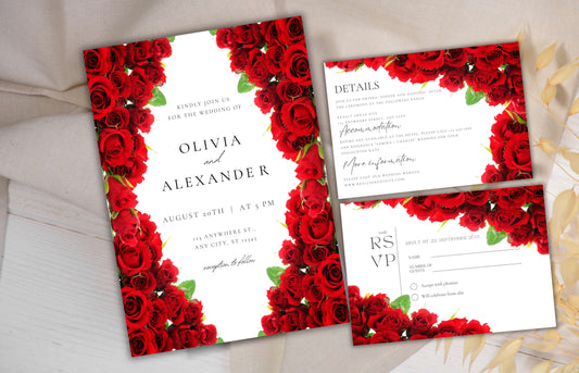 Red Rose Wedding Invitation set, Red Rose floral wedding invitation, Red Roses wedding invitation set, Editable Rsvp, Detail Card. WI120