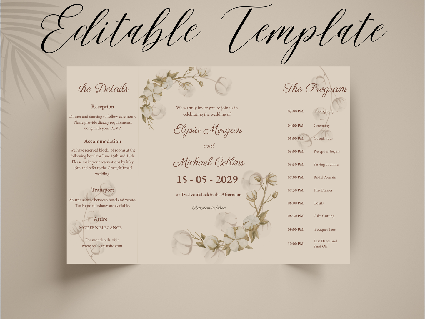 Floral Wedding Invitation Template | Folded Wedding Program & Details Card | Printable Rustic Boho Wedding Invite | Editable Template. WI176