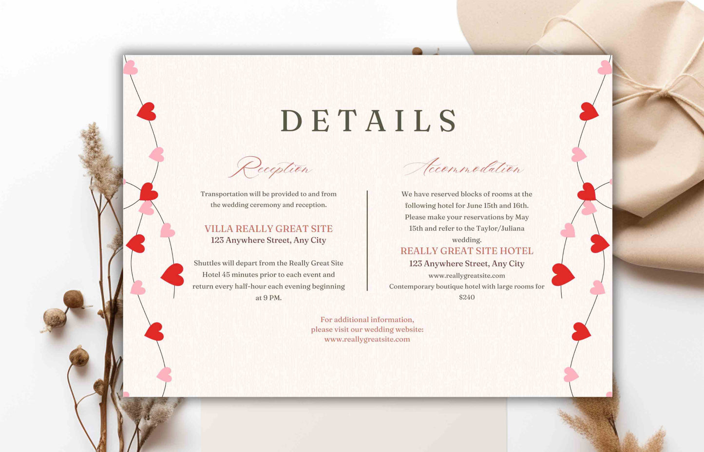 Romantic Wedding Invitation Template, Wedding Invitations Valentine Suite, RSVP, Detail Card, Red Hearts Invitation, Pink Heart Invite. WI97