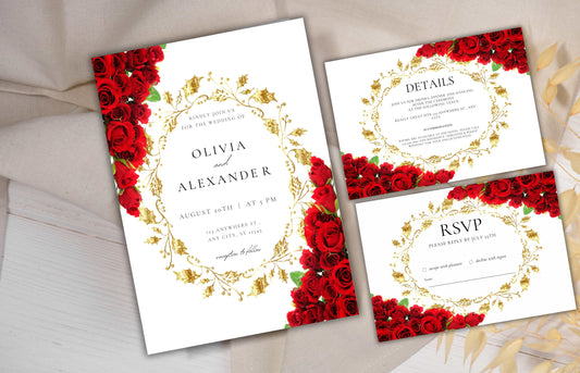 Red Rose Wedding Invitation Gold Frame set, Red Rose Wedding Invitation, Red Roses Wedding Invitation set, Editable Rsvp, Detail Card. WI121