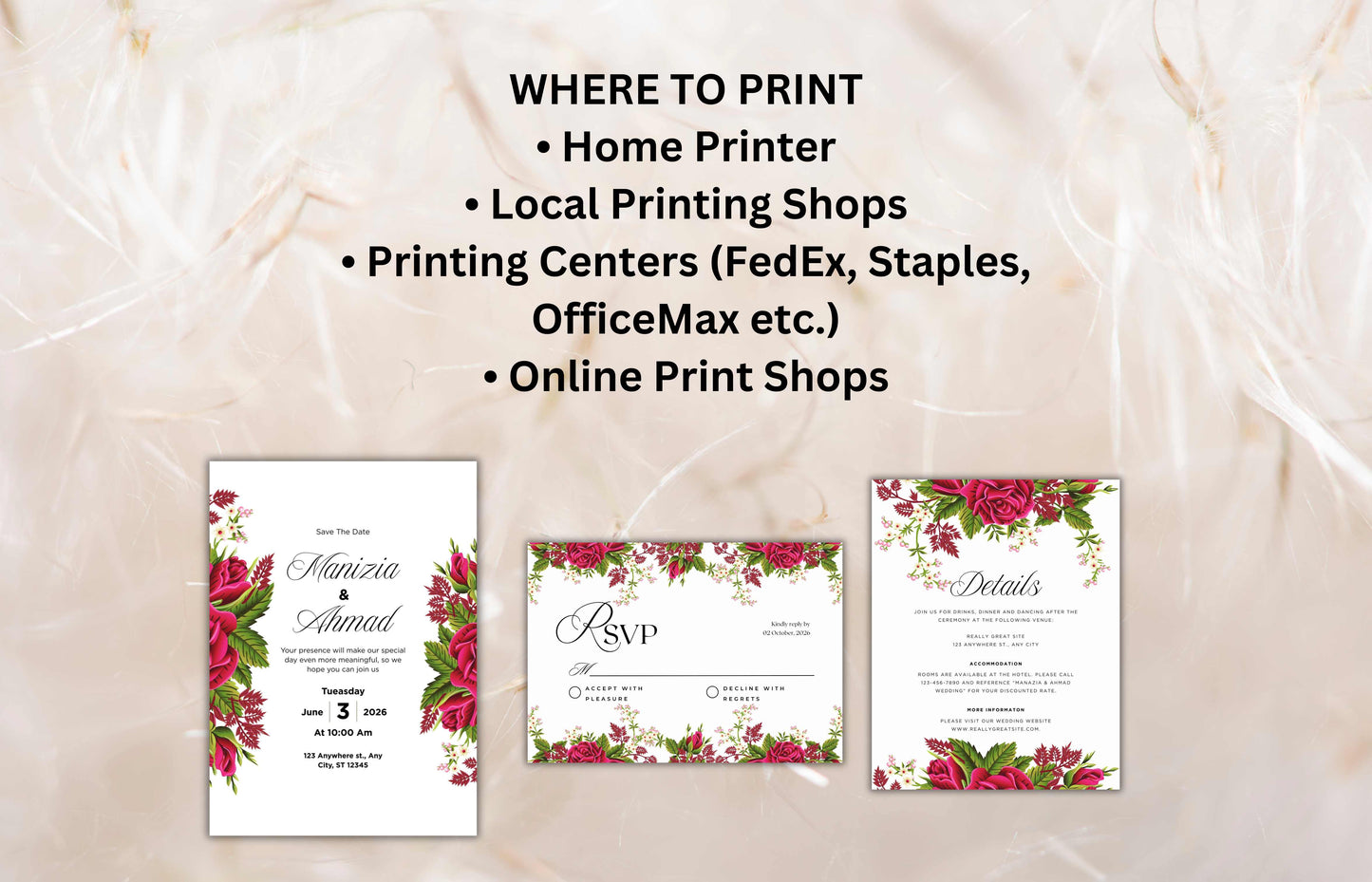 Floral Wedding Invitation Set Template, Printable Hot Pink Rose Wedding Invite Suite, Boho Wedding Template, RSVP Card, Details Card. WIB73