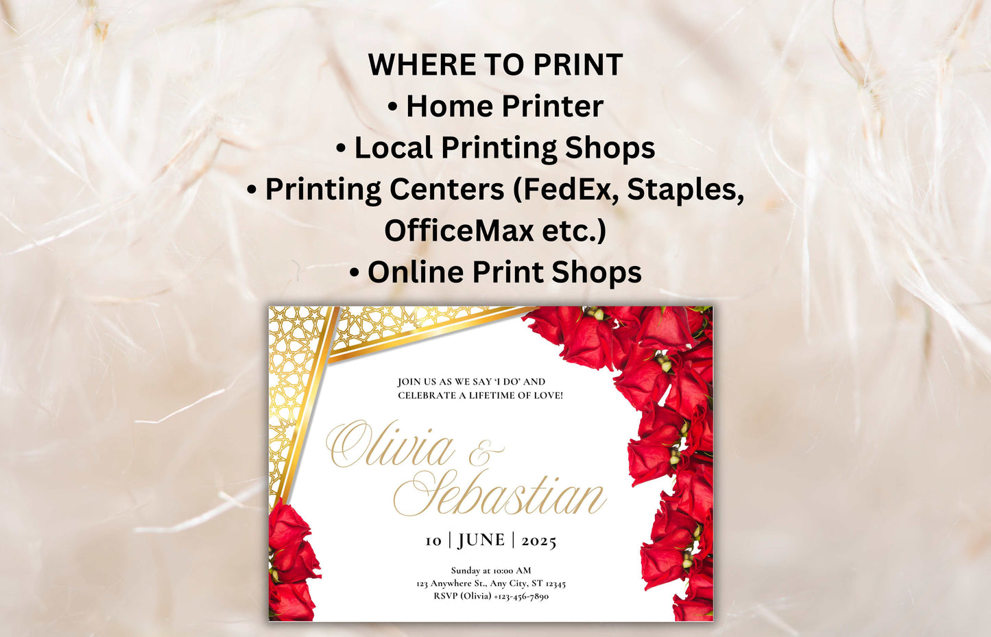 Elegant Red Roses Wedding Invitation - Editable Digital Template for Print - Customizable Romantic Wedding Invitation. WIB74