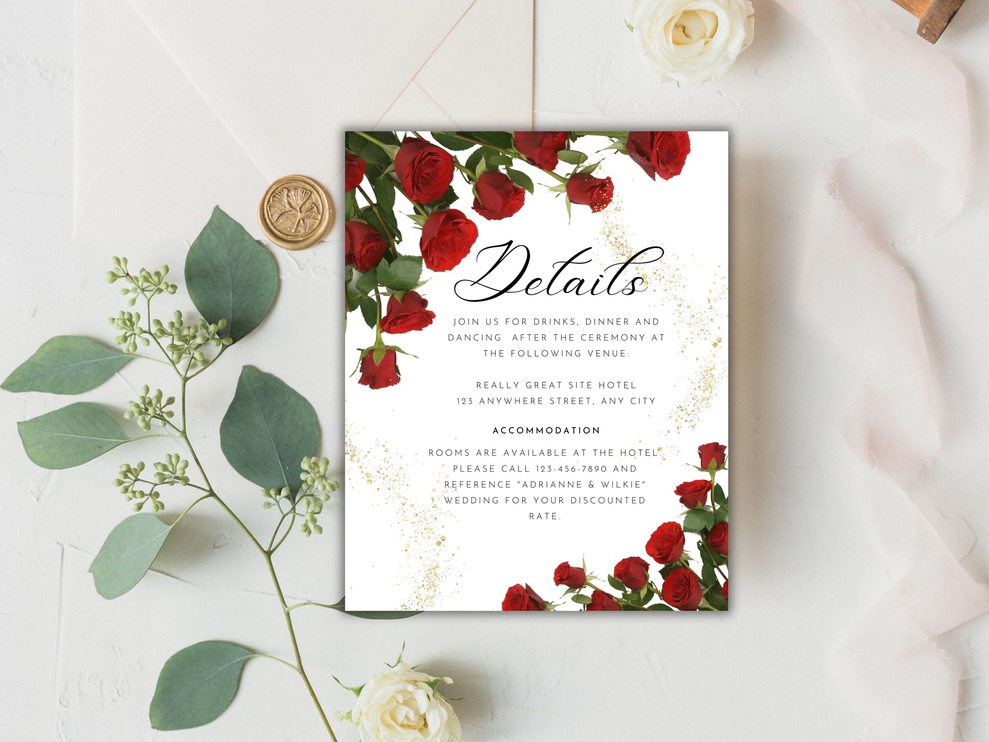 Red Rose Wedding Invitation , dark red floral gold frame border invite, Elegant Red Rose wedding Invitation, ,Shimmey, Editable A1 Majestic