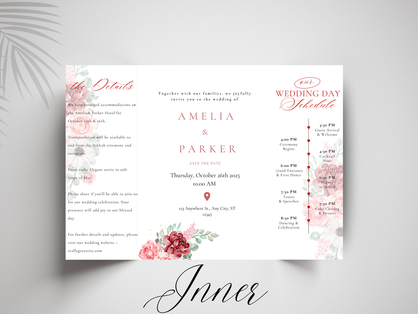 Elegant Floral Wedding Invitation Trifold Card Itinerary and Details Template Modern Editable Printable Invite. WI172