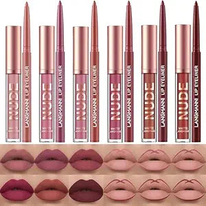 LANGMANNI 6 Matte Lipstick with 6 Lipliners Durable Makeup Set,Long-Lasting Non-Stick Cup Not Fade Waterproof Pigmented Velvet Lipgloss Kit Beauty Cosmetics Makeup Gift for Women (#A)