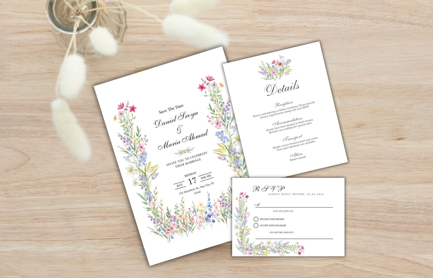 Colorful Flowers Wedding Invitation, Floral Wedding Invite, Editable RSVP, Details Card, Elegant Wedding Invite Template, WIB86