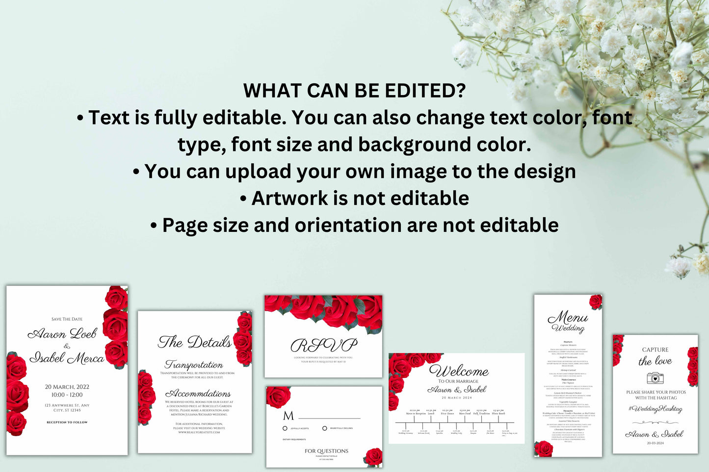 Red Rose Wedding Invitation set, Red Rose RSVP, Welcome Sign, Elegant Red Rose Wedding Timeline, Details Editable, Menu Card, WC40