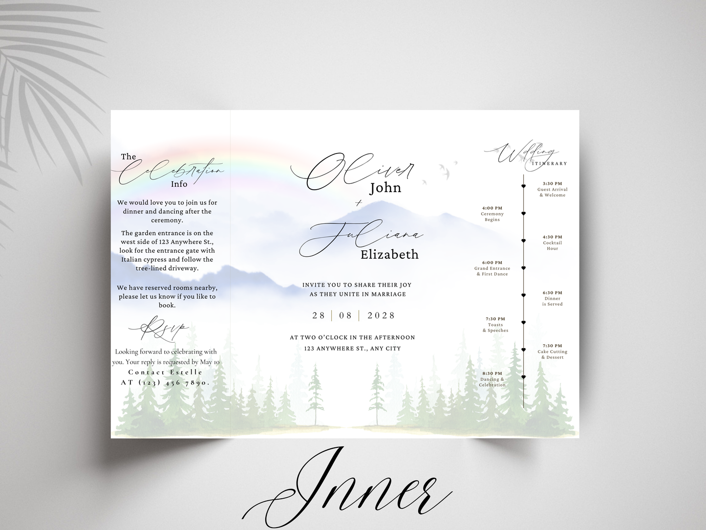 Mountain Wedding Invitation Template | Watercolor Forest Itinerary Invite | Rustic Outdoor Wedding Program | Editable Template.wi177