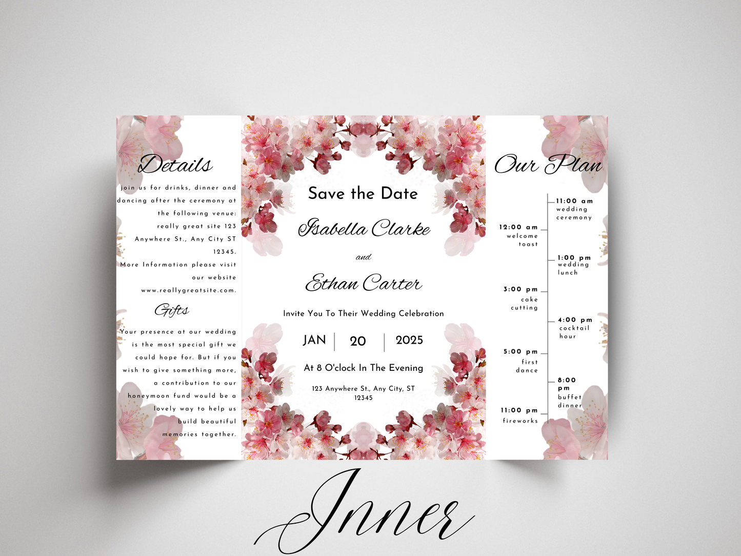 Blush Floral Gatefold Wedding Invitation Template |  Cherry Blossom Wedding Suite | Printable Save The Date & Details Card. WI179
