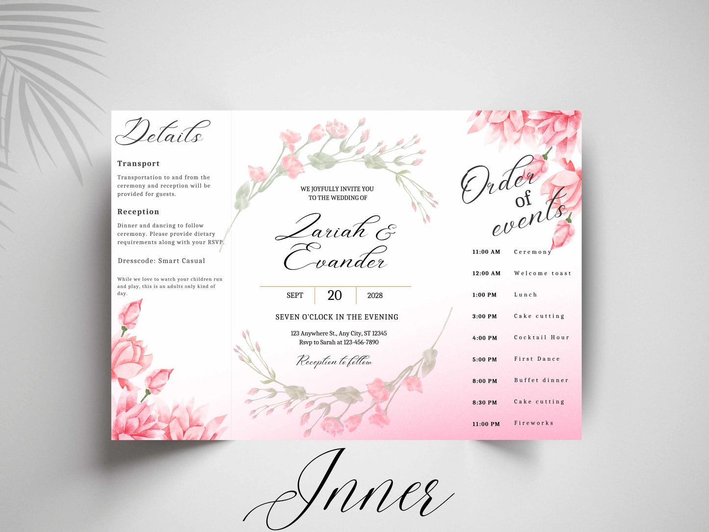 Pink Floral Wedding Invitation Template, Editable Order of Events Card, Modern Wedding Itinerary, Printable Wedding Invite Suite. 171