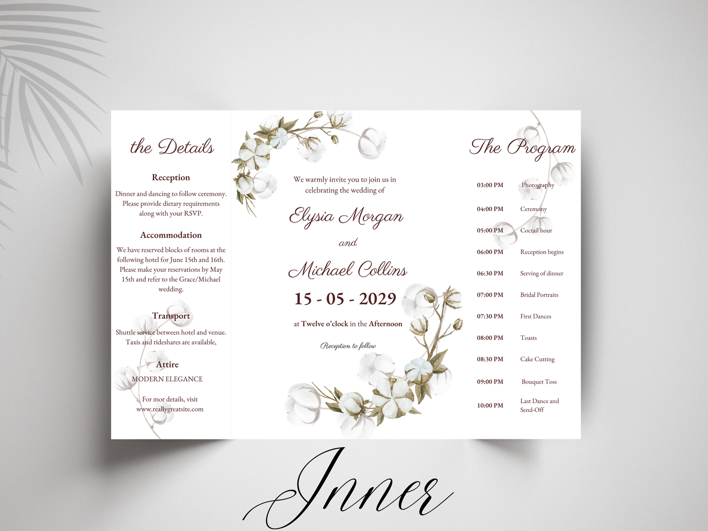Floral Wedding Invitation Template | Folded Wedding Program & Details Card | Printable Rustic Boho Wedding Invite | Editable Template. WI176