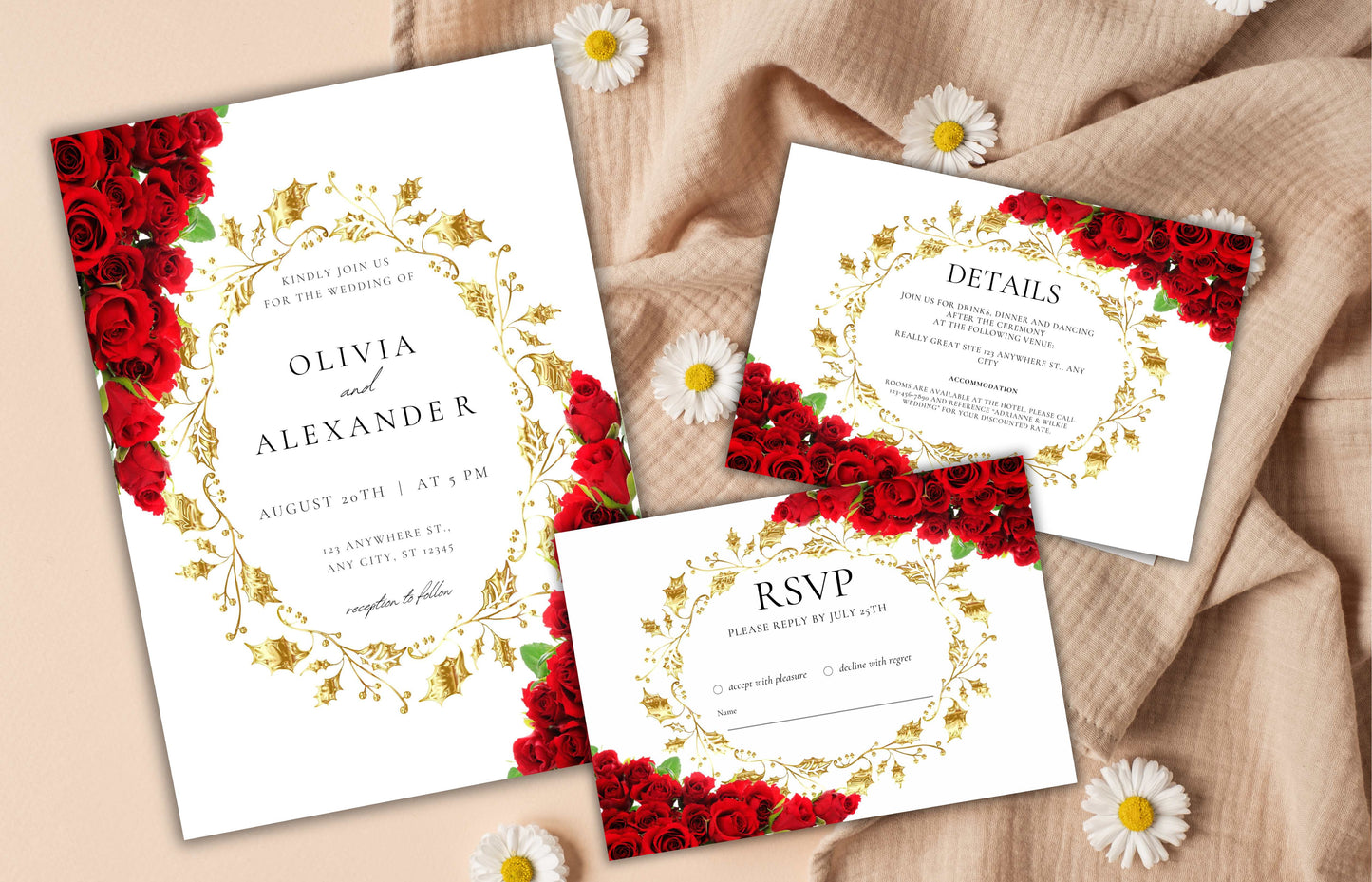 Red Rose Wedding Invitation Gold Frame set, Red Rose Wedding Invitation, Red Roses Wedding Invitation set, Editable Rsvp, Detail Card. WI121