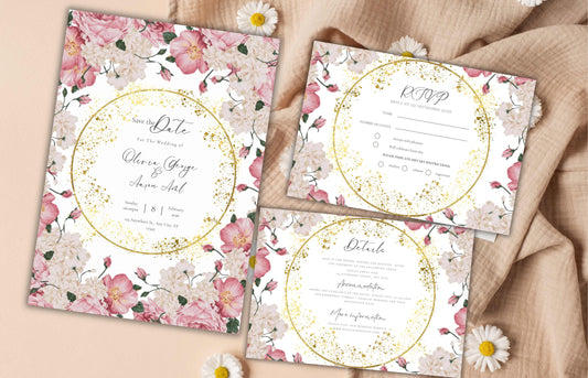 Pink Rose Wedding Invitation, Gold Frame wedding invitation template suite, Editable Rsvp, invitation template, Wedding Invites. WE119