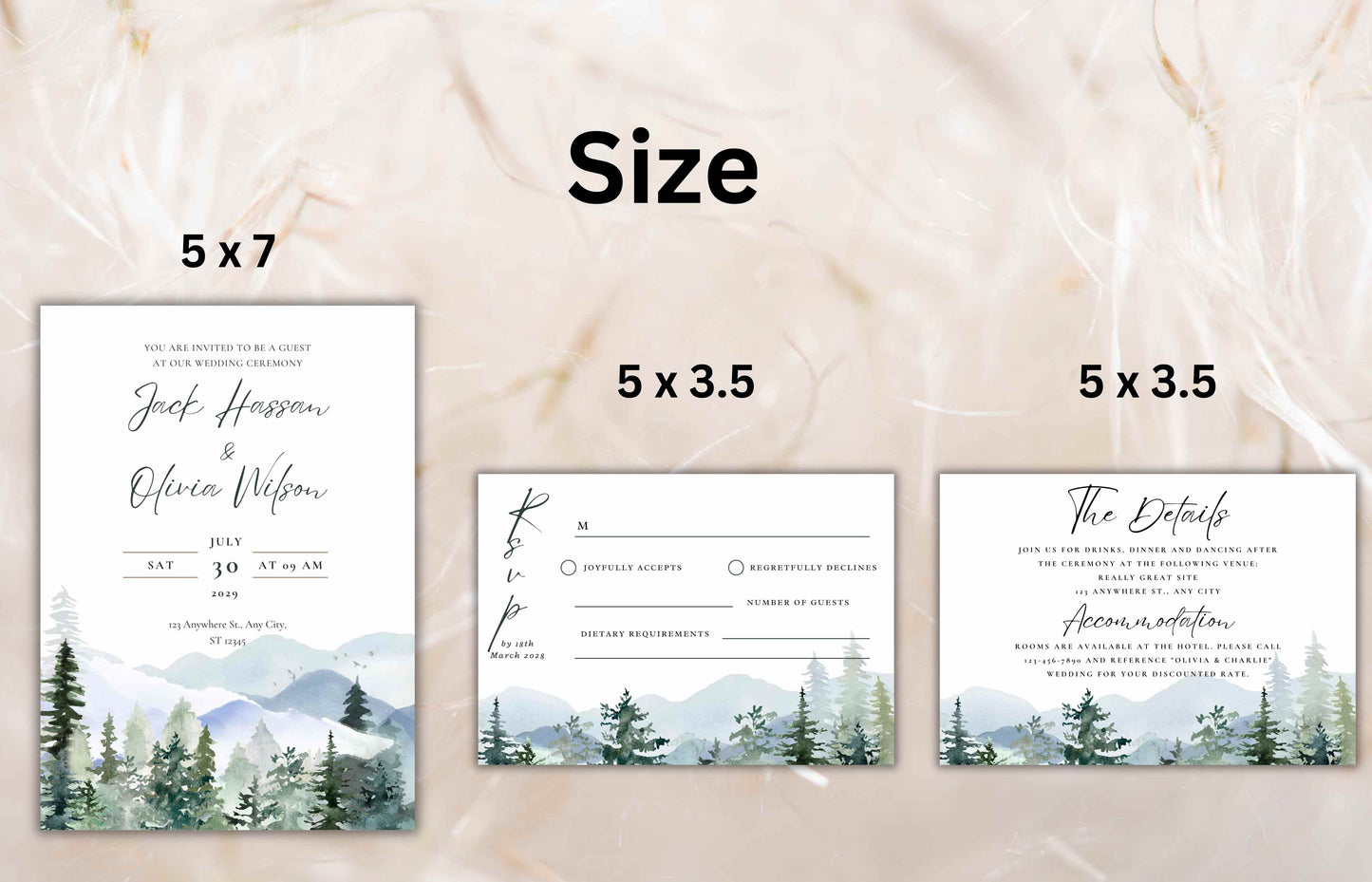 Mountain Wedding Invitation Template Set Pine Tree Wedding Suite, Details Card, Printable RSVP, Outdoor Wedding Invite. WI92