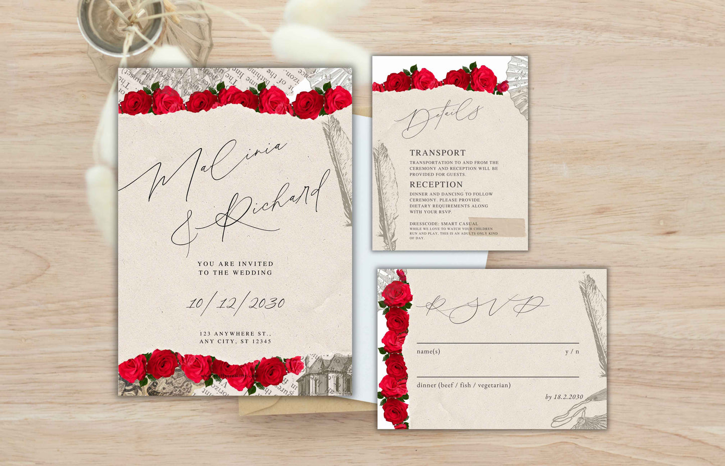 Red Wedding Invitation Template , Red Roses Invite, Elegant Red Rose Wedding Invitation, Editable, Rsvp, Details, Digital Download. WI113