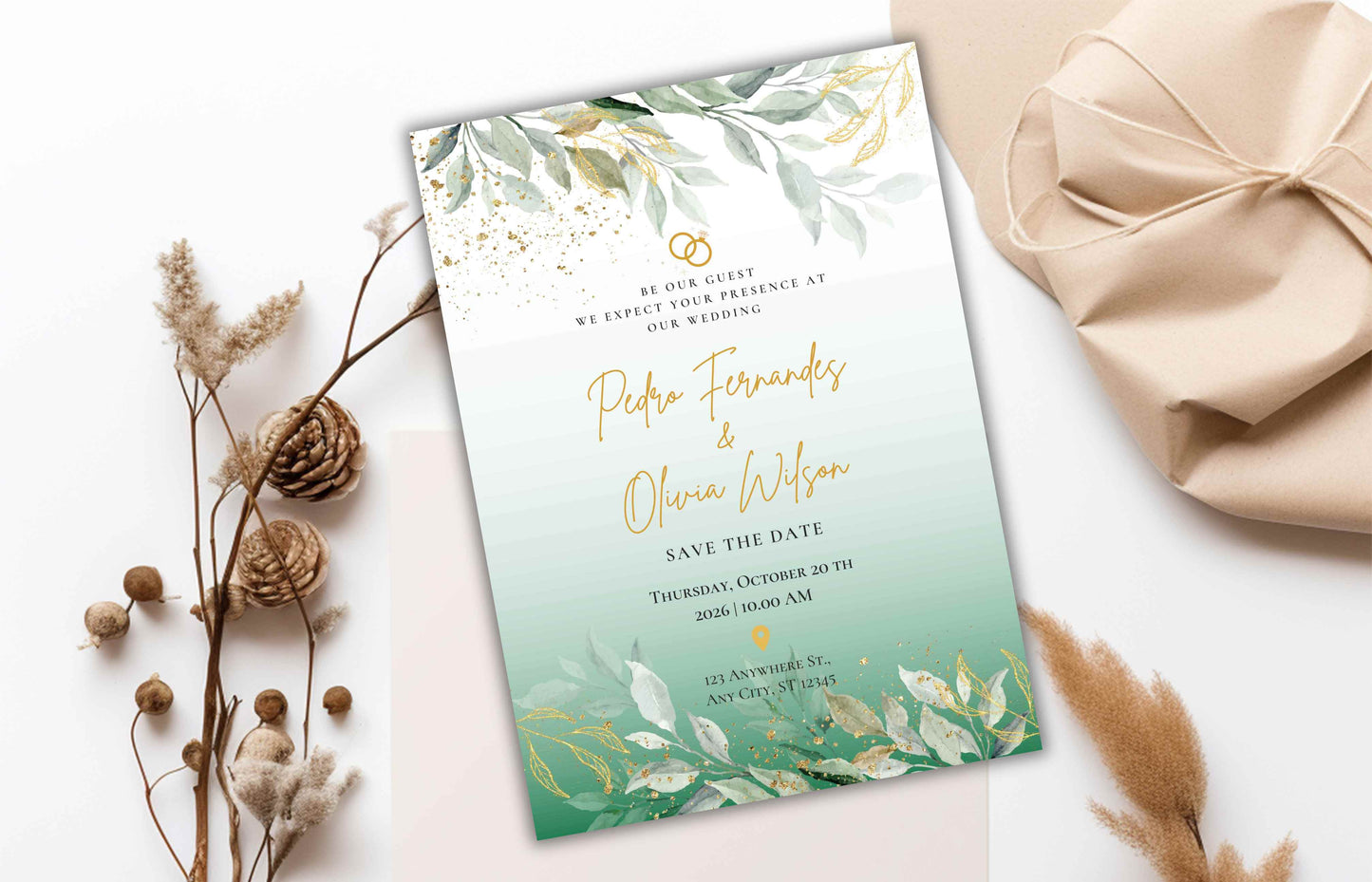 Sage Green Wedding Invitation Template, Editable Template, Greenery Eucalyptus Invitation Suite, Wedding Invites Template Editable. WI96