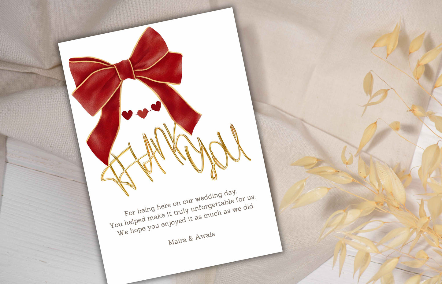 Bow Wedding Thank you Card, Ribbon Thank you Template, Red and White, Coquette Marriage Template, Minimalist Design. WS47