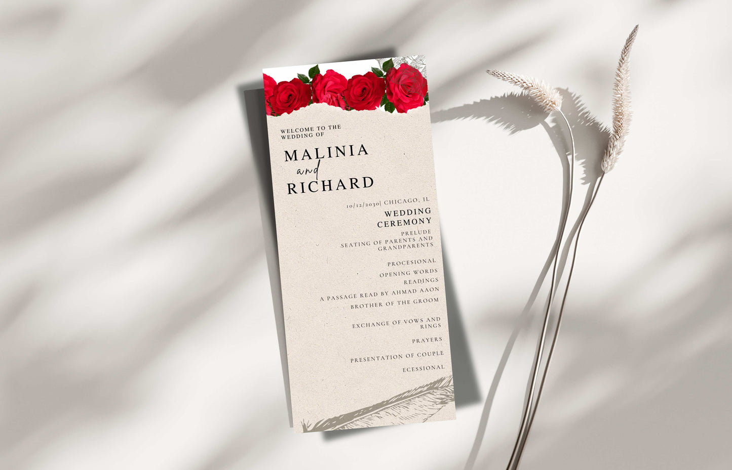 Elegant Wedding Program Template, Modern Ceremony Service Program, Editable Ceremony Program, DIY Customizable Card, Easy-to-Edit Text.WE115
