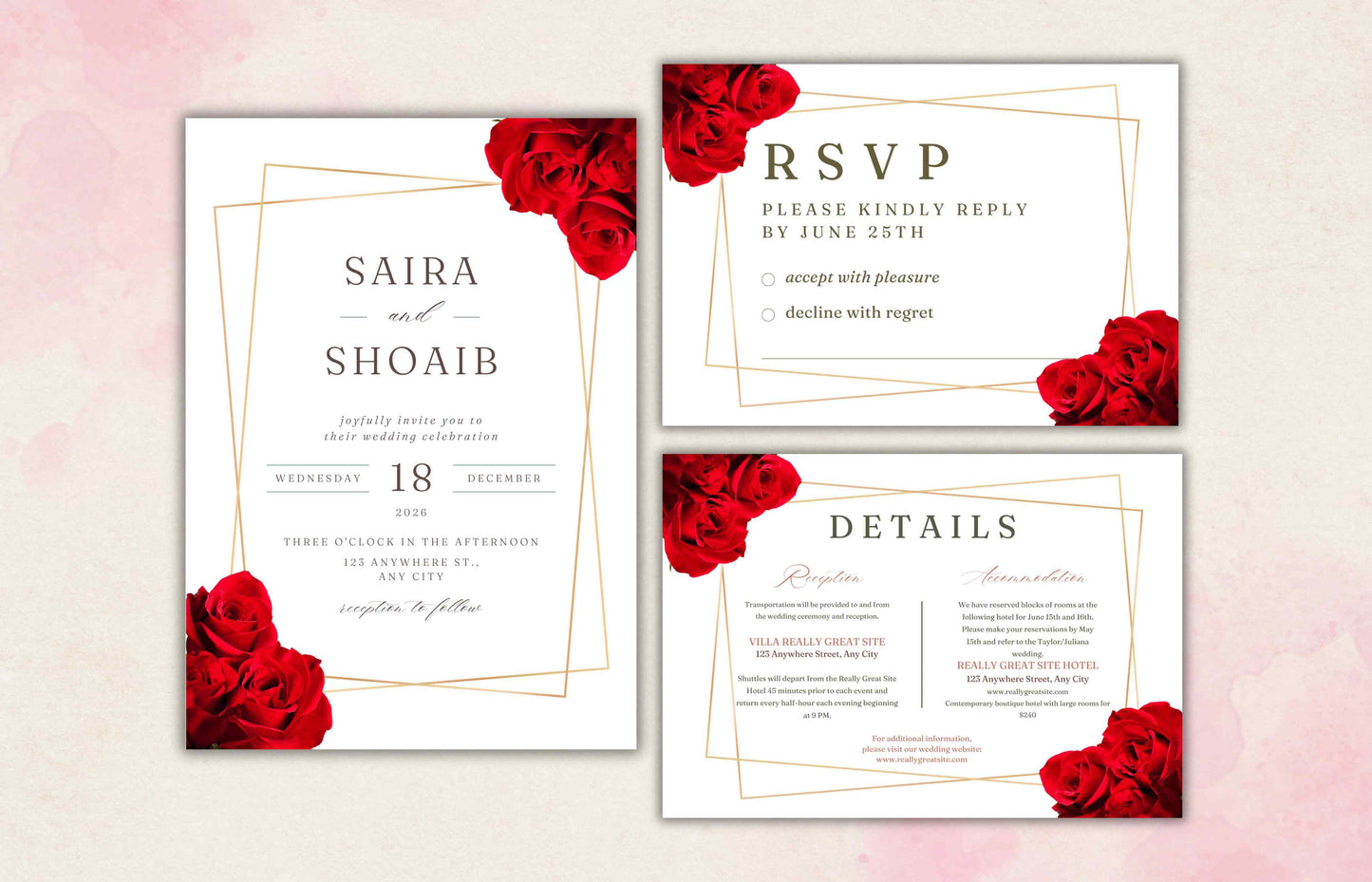 Elegant Red Rose Wedding Invitation Suite, Red Rose Wedding Invitation with Gold Frame, Printable Suite, Burgundy Editable Rsvp. WI99