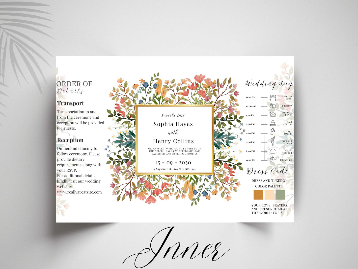 Floral Wedding Invitation Template | Save the Date with Timeline Schedule & Dress Code | Elegant Editable Printable Invite. WI169