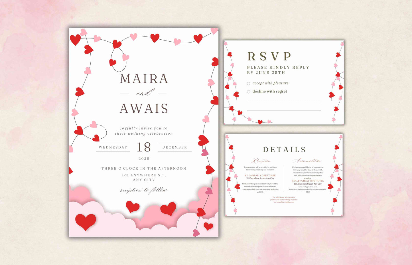Romantic Wedding Invitation Template, Wedding Invitations Valentine Suite, RSVP, Detail Card, Red Hearts Invitation, Pink Heart Invite. WI98