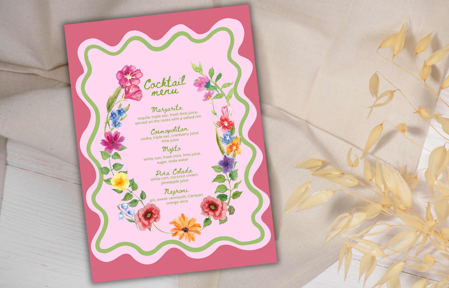 Colorful Floral Cocktail Menu Template, Printable Drinks Sign, Bar Menu Garden Party, Drink Menu, Biotical Wavy Cocktail Menu. WSB39