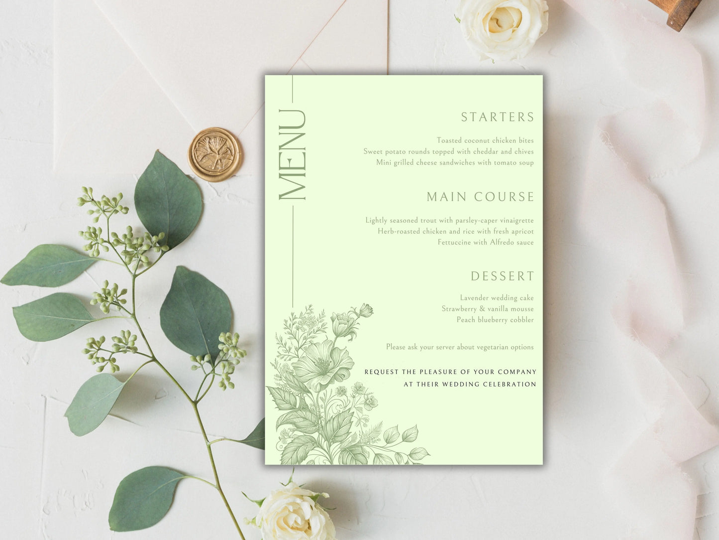 Sage Green Wedding Invitation Suite with Menu Card, Editable Wedding invite, Minimal Invite, Simple Editable Invite Template. WT56 A1 Majestic