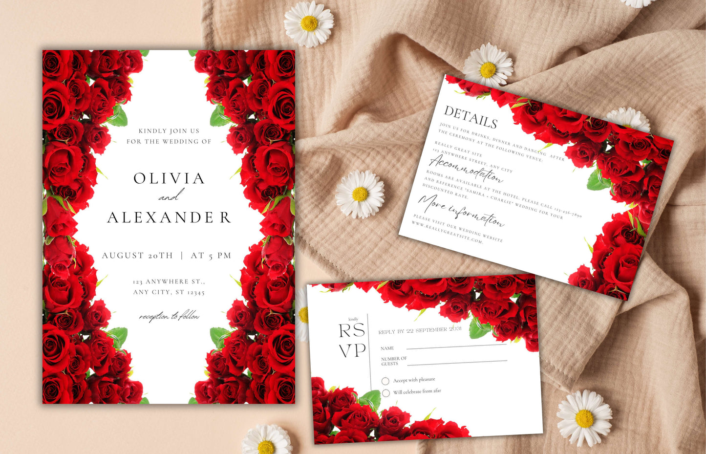 Red Rose Wedding Invitation set, Red Rose floral wedding invitation, Red Roses wedding invitation set, Editable Rsvp, Detail Card. WI120