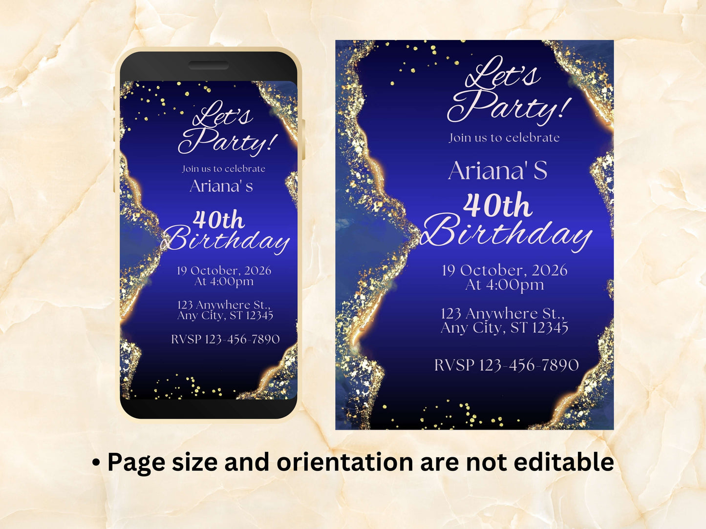 Blue Birthday Invitation, Adult Birthday Invitation, Navy Blue Birthday Evite, Blue & Gold Birthday Party Invite Template. WEIB84