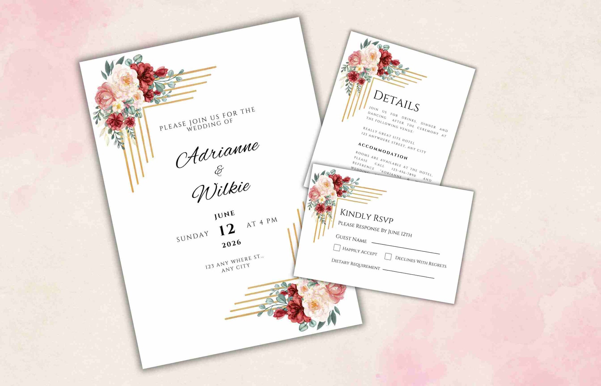 Burgundy Wedding Invitation Template, Wedding Invite Suite, Details Card, Template, Editable Invitation , Printable RSVP, Download. WI103 - A1 Majestic