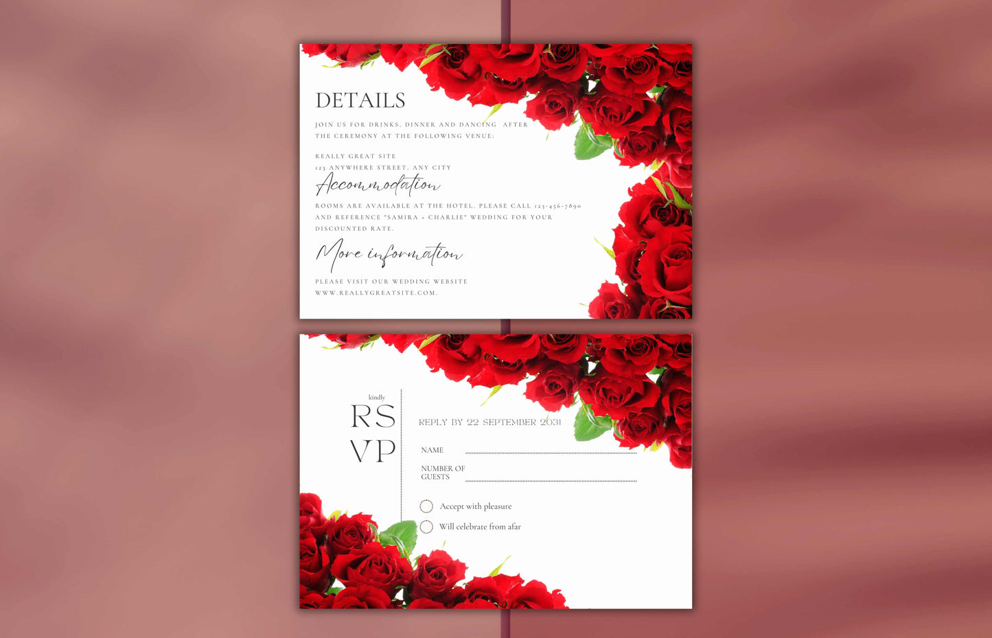 Red Rose Wedding Invitation Bundle, RSVP, Thank You Card, Red Rose Bridal Shower, Games Wedding Party Menu, Details Card, Template, WB1
