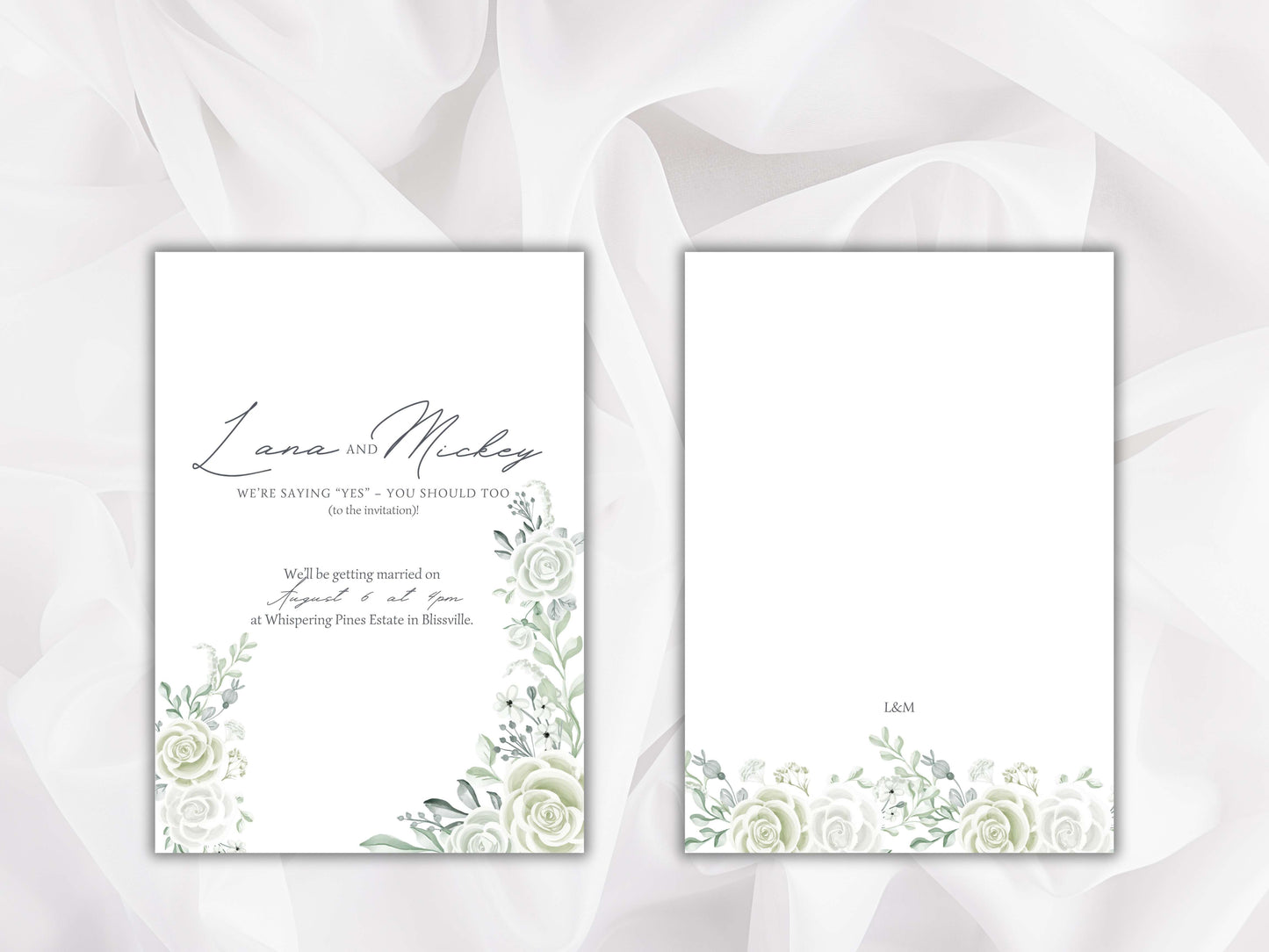 White Rose Wedding Invitation Template, Printable Wedding Invitation, White Flowers Invitation, White and Green RSVP, Details. WT84
