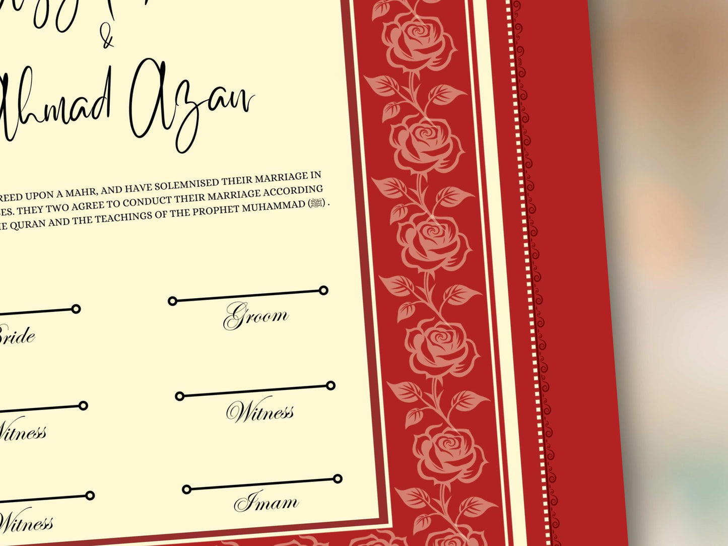 Rose Nikkah Certificate Template, Editable Nikkahnama, Printable Nikah Contract, Muslim Contract, Red Nikkah Islamic Marriage Contract.NN253