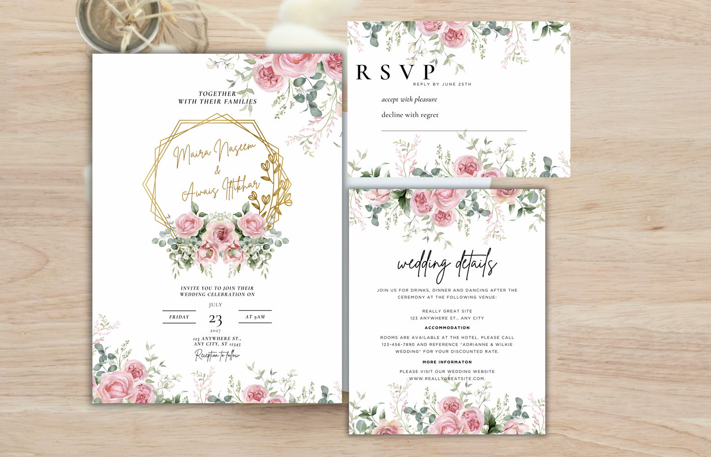 Floral Wedding Invitation Template , Pink Red Roses Invite, Elegant wedding Invitation, Editable, Rsvp, Details, Digital Download. WI112
